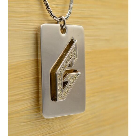Givenchy Logo Vintage Pendant Necklace G Rhinestone Dog Tag ID Signed 1979 Bin2C - Picture 1 of 12